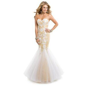 Maggie Sottero Flirt Beige White Lace Tulle Mermaid Maxi Dress Sz 12